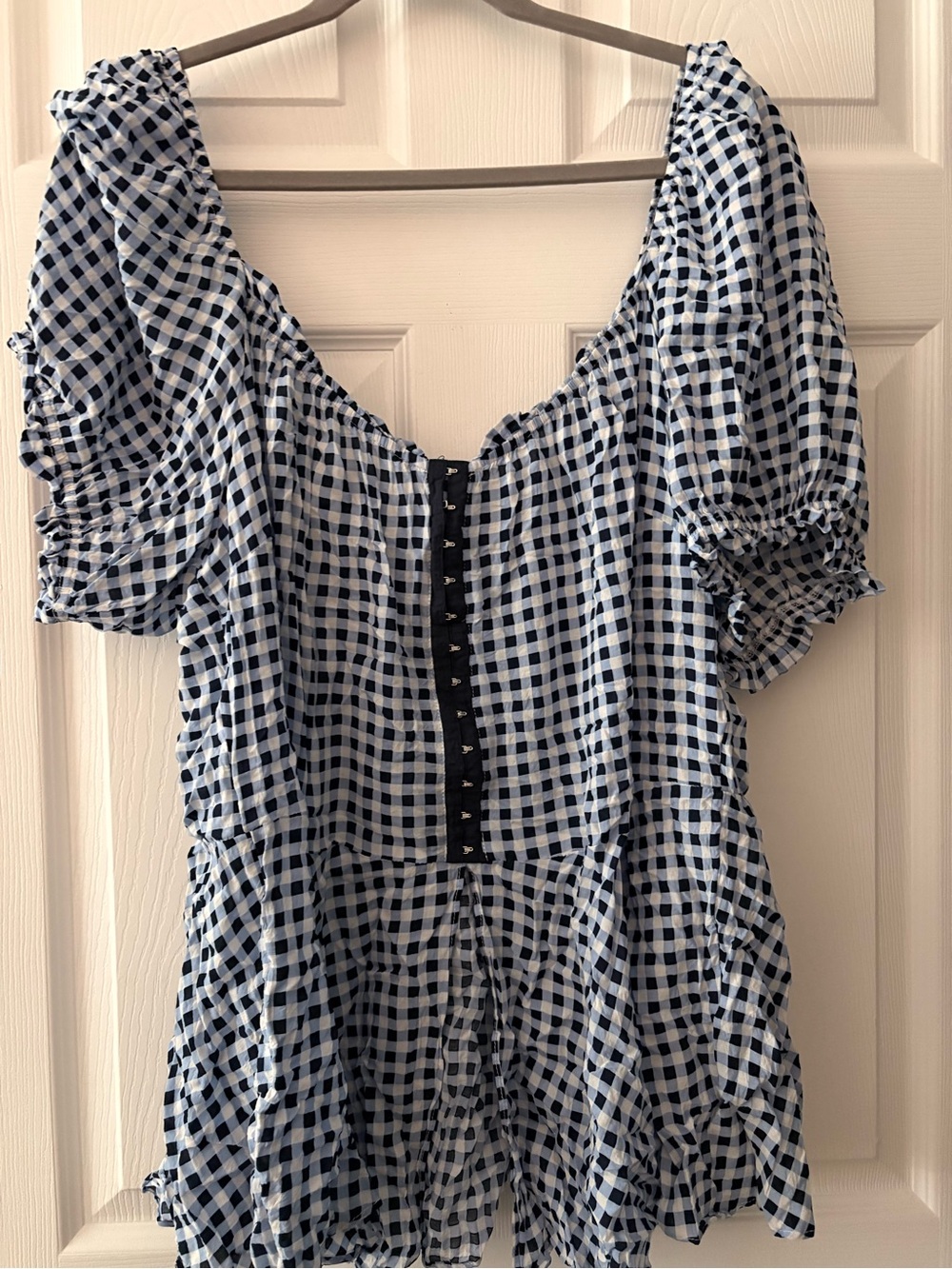 City Chic Navy and White Gingham Puff Sleeve Blouse